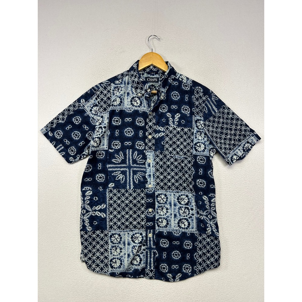 Patchwork Shibori Chaps Mens Medium Blue Short Sleeve Button Down Shirt Coastal